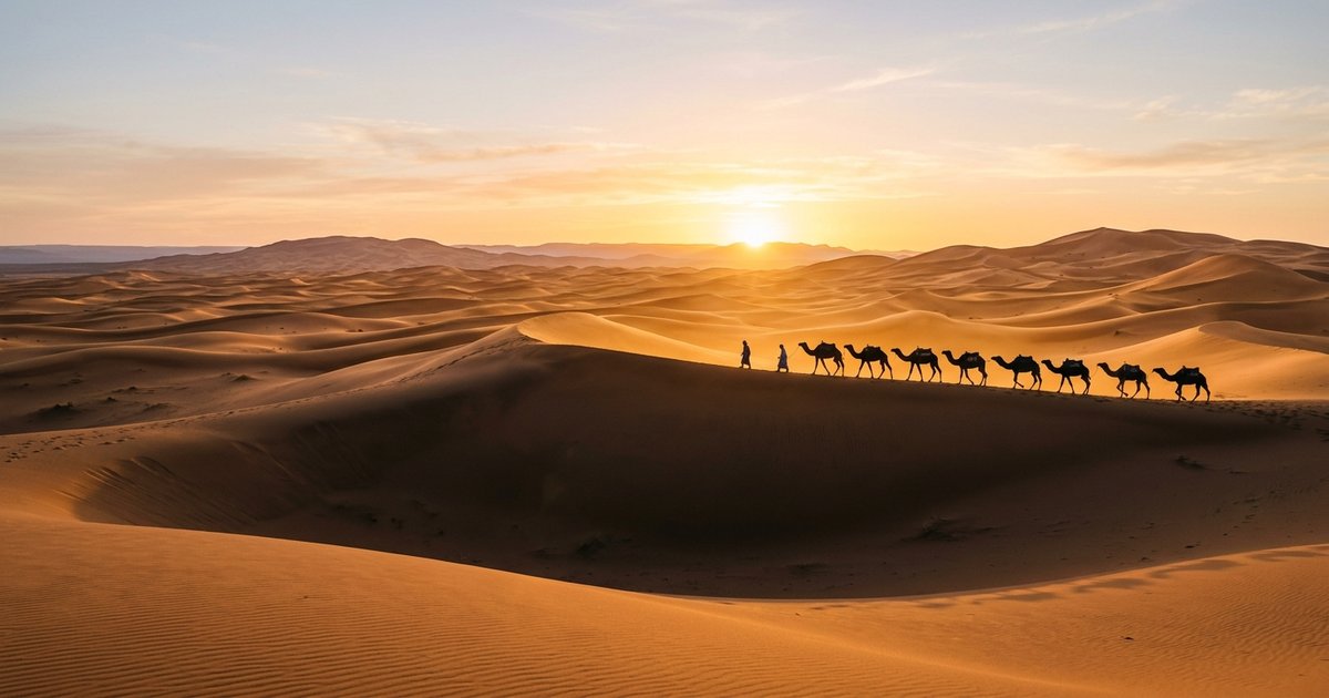 Sahara sunrise camel caravan