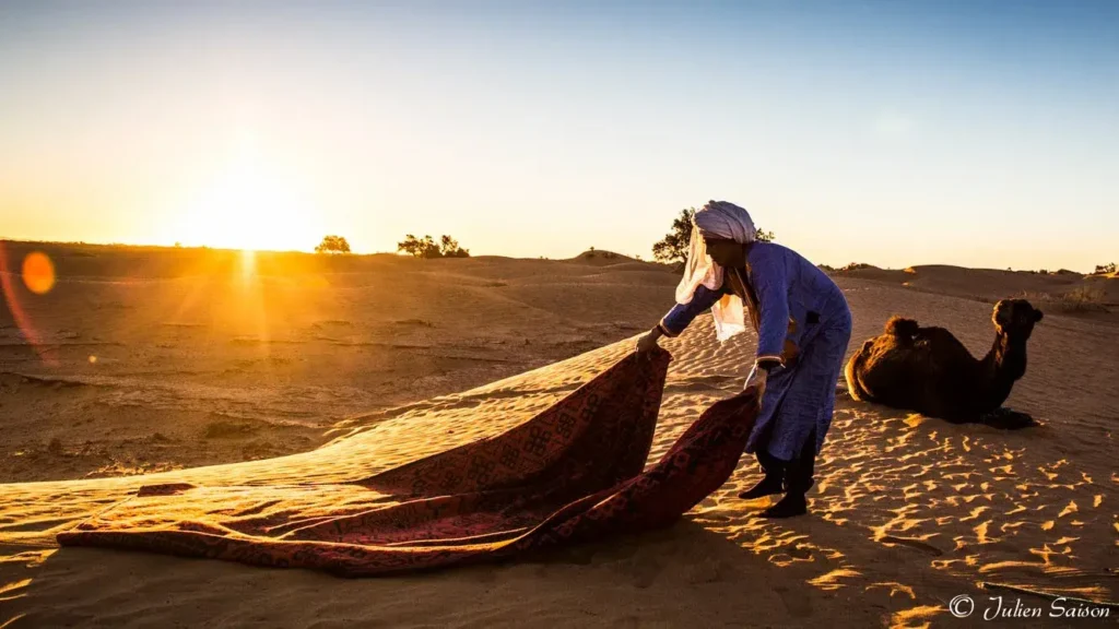Desert camp with carpets and resting camels