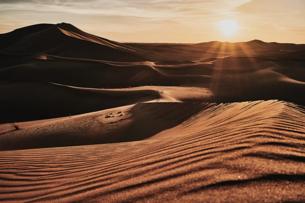 Sunset light across the high dunes of Erg Chegaga in southern Morocco